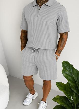 Мужской летний комплект рубашка+шорты на каждый день в сером цвете, premium качества