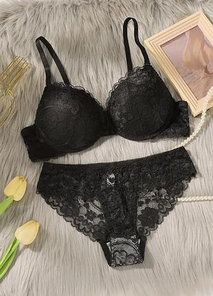 Набір комплект чорний мереживний білизна жіноча бюстгальтер трусики новий l - xl 48 пуш па