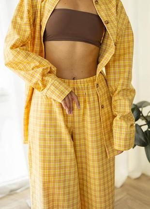 Жовта байкова піжама в клітинку домашній костюм  штани та сорочка