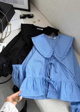 Жіноча сорочка лляна льон з коміром з зав'язками чорна блакитна