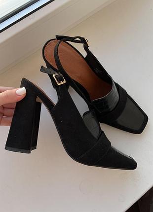 Трендові туфлі з відкритою п’яткою і квадратним носком замш + шкіра крокодиляча