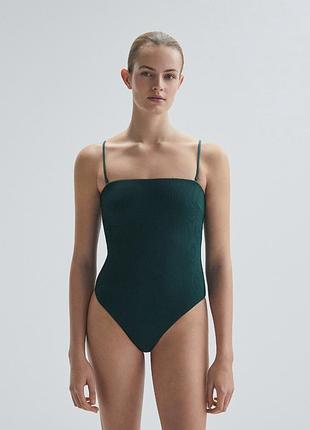 Oysho слитный купальник бандо изумрудного цвета в рубчик