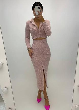 Распродажа 🏷 праздничный теплый костюм пушистый юбка миди карандаш и укороченный жакет в стиле олд мани