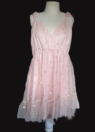 Женское летнее вечернее платье вечернее розовое платье, сарафан сетка вышивка, ромашка