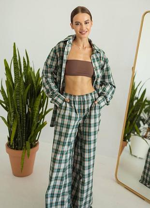 Зелена байкова піжама в клітинку штани сорочка