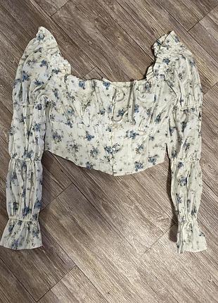 Топ корсет вкорочений з довгим рукавом , топ з принтом квіти