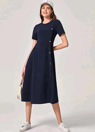 Shein,женское трикотажное платье миди тёмно-синего цвета, размер 52-54