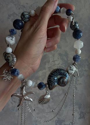 Колье "морская пена" корл кахоринг лазурит кошачий глаз кварц
