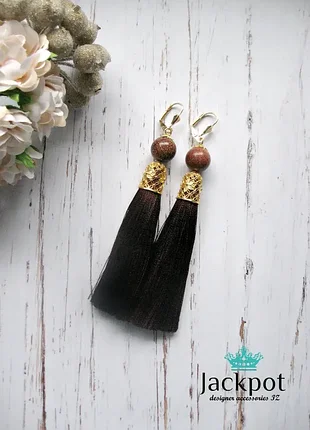 Темно коричневые серьги кистицы с авантюрином ручная
