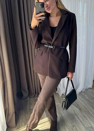 Женский плотный осенний теплый жакет пиджак коричневый шоколадный