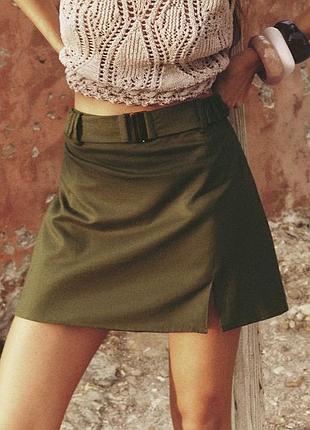 Zara юбка шорты из льна под пояс хаки 7969/041/533