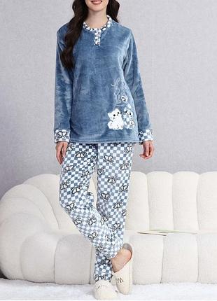 Теплая женская пижама с штанами m-3xl котики