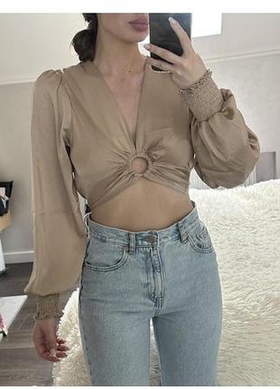 Стильная сатиновая блузка топ с длинным рукавом цвета шампань🥰