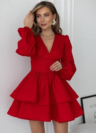 Стильна жіноча сукня міні з декольте з двоярусною спідницею з льону лляна плаття червона лілова блакитна лавандова біла чорна рожева