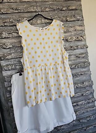 Легкая летняя белая блуза в желтый горох.