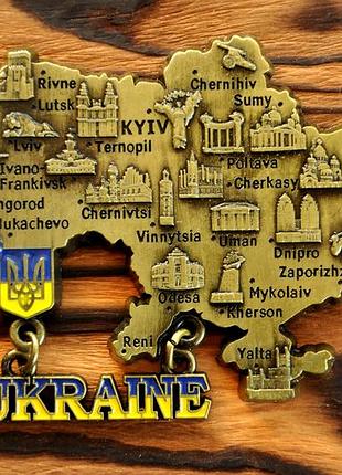 Сувенірний магніт на холодильник "карта україни" металевий 9×7 см – карта україни з містами та пам'ятками, патріотичний сувенір