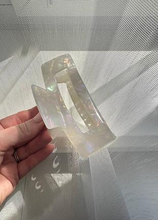 Жабка для волосся, крабик, заколка 10.5 см голографічна біла