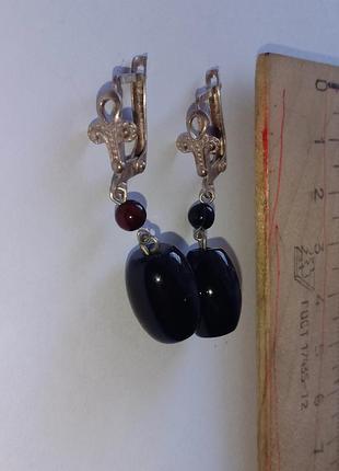Серьги элегантные винтажные подвески женские с натуральным каменом черный агат английский застежка