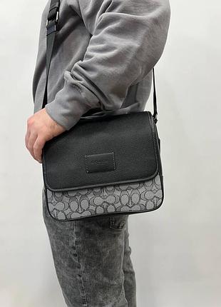 Мужская сумка через плечо классическая ежедневная coach кожаная через плечо деловая сумка серо-черная
