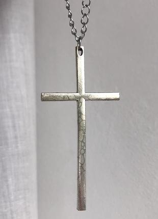 Ланцюжок ланцюг на шию з підвіскою кулоном великим тонким хрестом хрестиком панк готика готичний жіночий чоловічий сріблястий під срібло