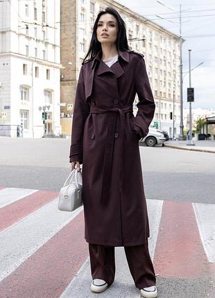 Тренч жіночий довгий замшевий демісезонний дизайнерський, двобортний, з поясом, бургунді