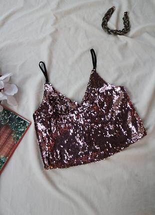 Блестящий топ кроп пайетки перевертыши розовые золото на бретелях topshop