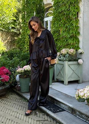 Сатиновый костюм топ блуза с воротником и брюки штаны