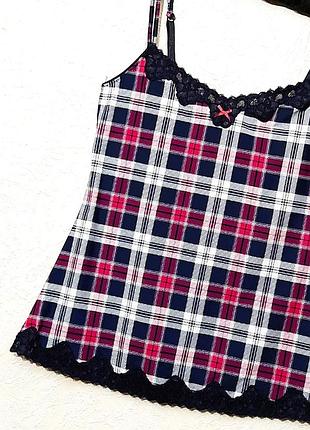 Esprit женская майка топ в клетку чёрная/малиновая/бордо на тонких бретельках стрейч кружево