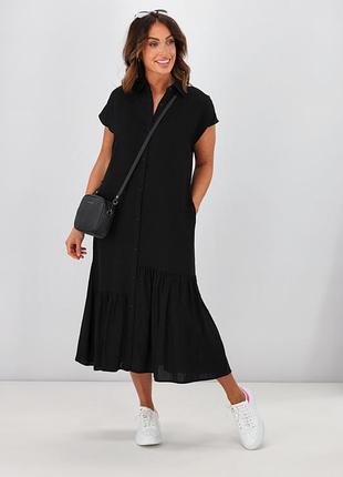 Черное миди платье свободного кроя вискоза платья рубашка на пуговицах v воротник