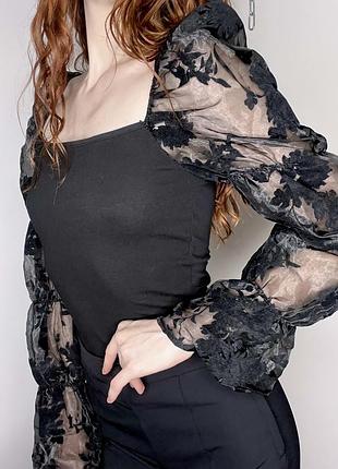 Блуза /лонгслів в готичному стилі з обьемними прозорими рукавами, з оксамитові вставки