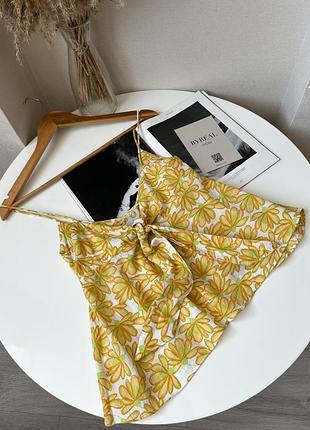 Жовтий салатовий топ в квіти майка натуральна тепла блуза zara бавовна котон