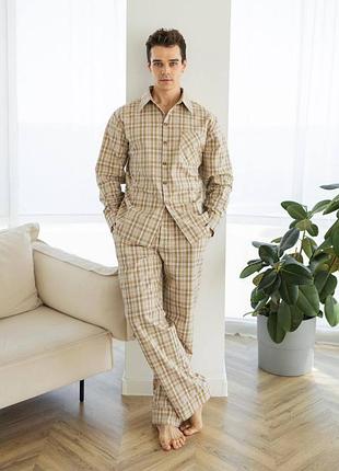 Мужская пижама «oliver» байка в клетку тепла с брюками с рубашкой парная