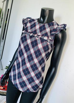 Женская блузка dorothy perkins в клетку с рюшами, без рукавов, хлопковая синяя блузка с красно-белым узором, размер uk 10 (eu 38, m)