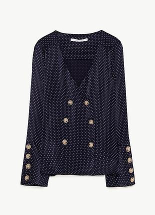 🎁1+1=3 стильная темно-синяя атласная блуза блузка в горошек zara, размер 42 - 44