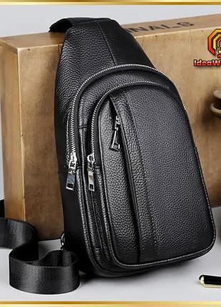 Кожаная нагрудная мужская сумка слинг черная tiding bag