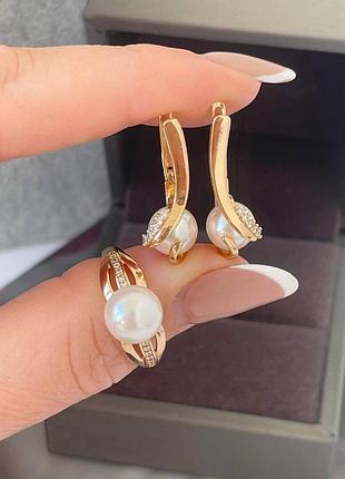 Набор медсплав медзолото, жемчуг жемчуг бусины, жемчужины серьги и кольцо