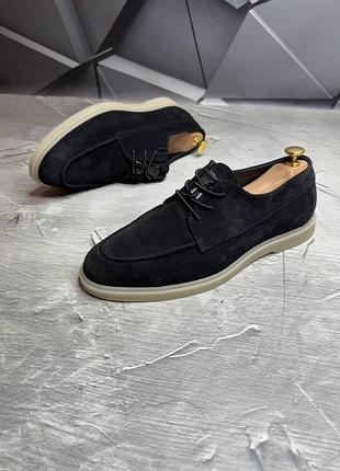 Туфли мужские натуральная замша черные, лоферы мужские на шнуровке замшевые 56