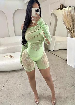 Комплект,комбинезон,костюм сетка,прозрачный,ромпер с камнями