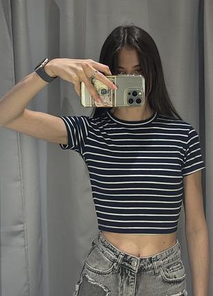 Жіноча футболка топ в полоску натуральна котонова синя біла женская футболка топ pepper&mint туреччи