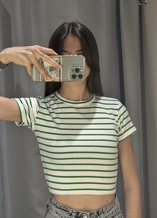 Жіноча футболка топ в полоску натуральна котонова біла зелена женская футболка топ pepper&mint туреч