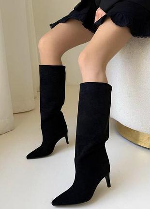 ▪️жіночі чорні чоботи прямі труби гармошка еко замшеві маленький низький каблук, женские чёрные черные сапоги трубы гармошка замшевые маленький каблук