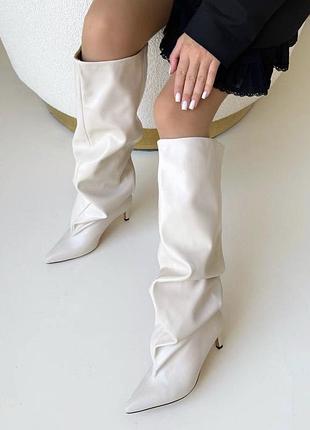 ▪️жіночі молочні чоботи прямі труби гармошка еко шкіряні маленький низький каблук, женские молочные сапоги трубы гармошка кожаные  маленький каблук