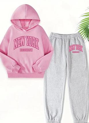 Нью-йорк бруклин графический худи и джоггеры для девушек Белый повседневный мирор состояние длинными рукавами и розовым размер 13-14