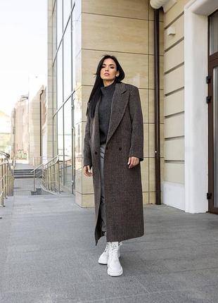 Пальто женское длинное шерстяное демисезонное, оригинального асимметричного кроя, шоколадное коричневое