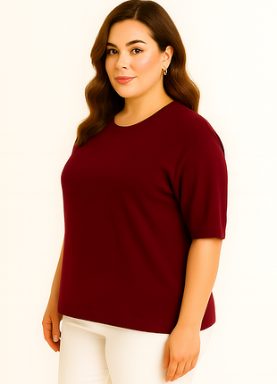 Джемпер женский вязаный с коротким рукавом, фабричного качества, плюс сайз, батал, большого размера, бордо, бордовый