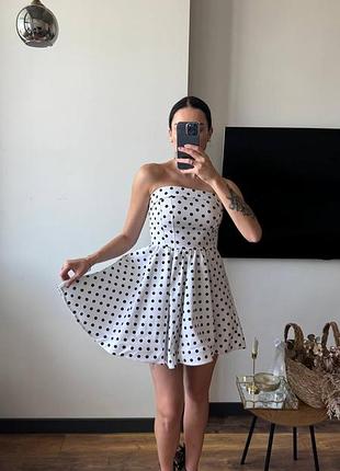 Платье женское в горошек с открытыми плечами приталено с пышной юбкой ретро вечерняя мини платье белая