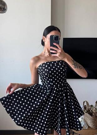 Платье женское в горошек с открытыми плечами приталено с пышной юбкой ретро вечерняя мини платье черный