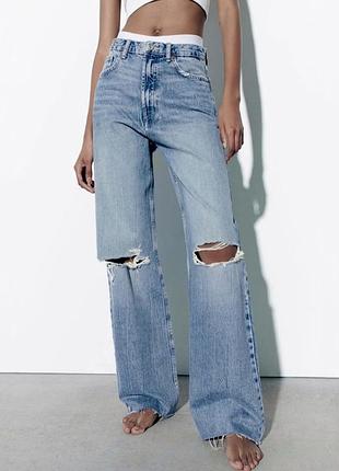 Джинсы zara прямые, голубые, разрезы на коленях