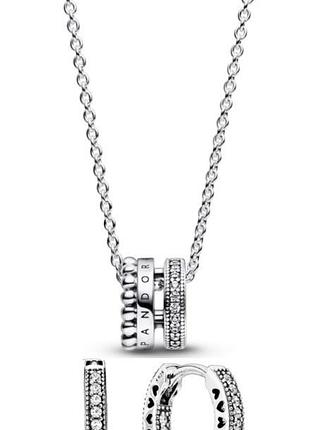 Комплект pandora подарочный подвеска с логотипом, паве и серьги-кольца сердца s925 ale бирка гарантия 30 дней