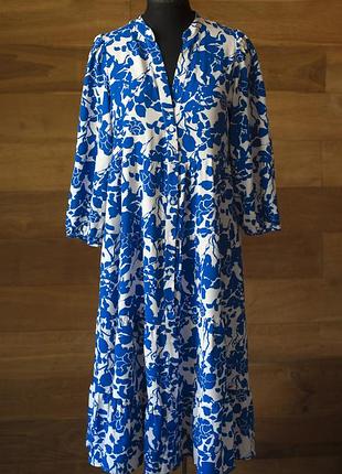 Бело синее платье рубашка с растительным принтом миди женская only, размер s